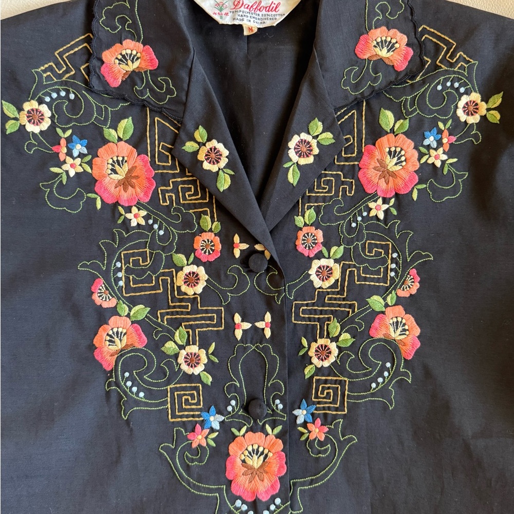 Women’s Vintage Floral Embroidered Black Button- Front Top by Daffodil - Picture 9 of 12